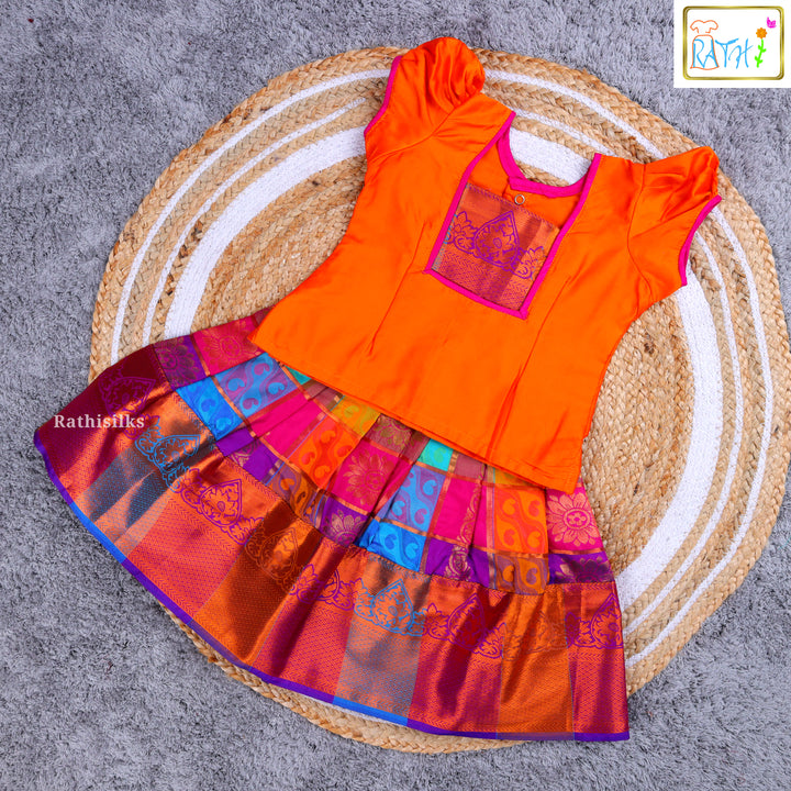 Traditional Orange & Pink Jacquard Pavadai Sattai