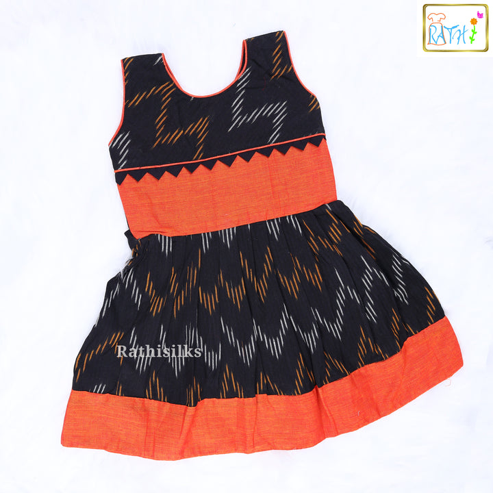 Elegant Black & Orange Ikat Cotton Frock
