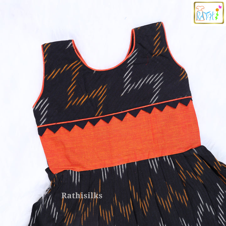 Elegant Black & Orange Ikat Cotton Frock