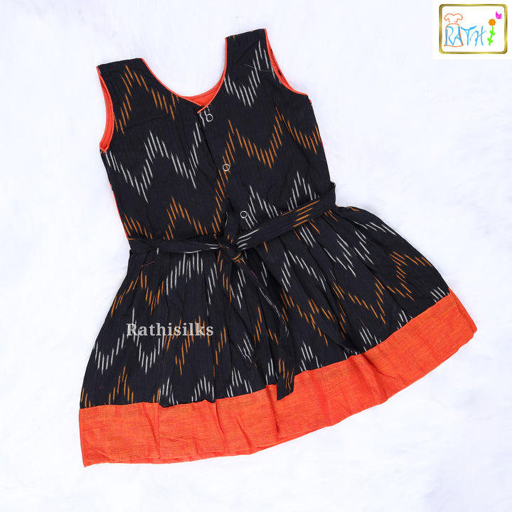 Elegant Black & Orange Ikat Cotton Frock