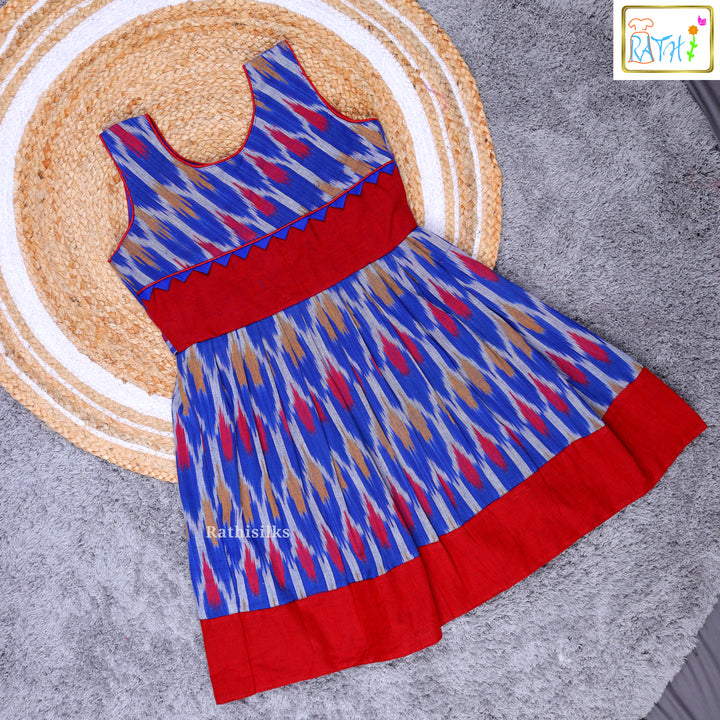 Elegant Blue & Red Ikat Cotton Frock