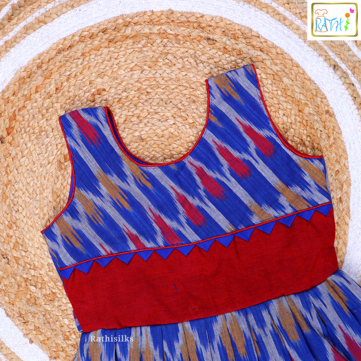 Elegant Blue & Red Ikat Cotton Frock