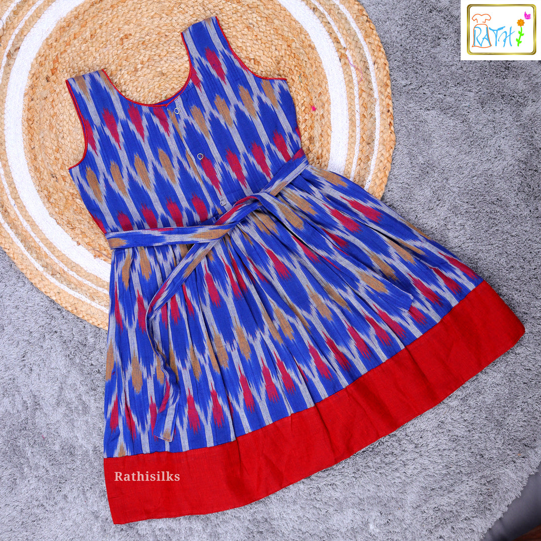 Elegant Blue & Red Ikat Cotton Frock