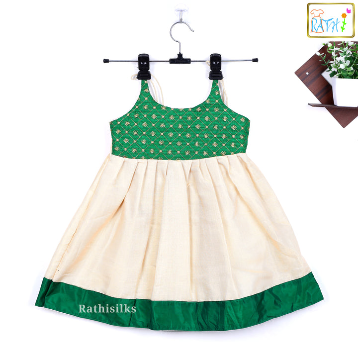 Cream & Green Cotton Embroidered Frock