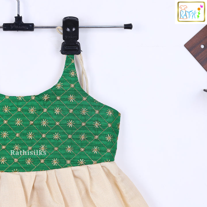 Cream & Green Cotton Embroidered Frock