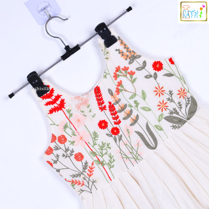 Cream Sleeveless Floral Embroidered Frock