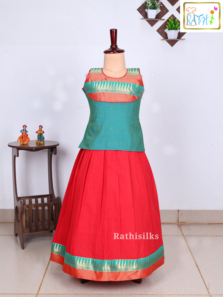 Red & Green Traditional Cotton Pavadai Set