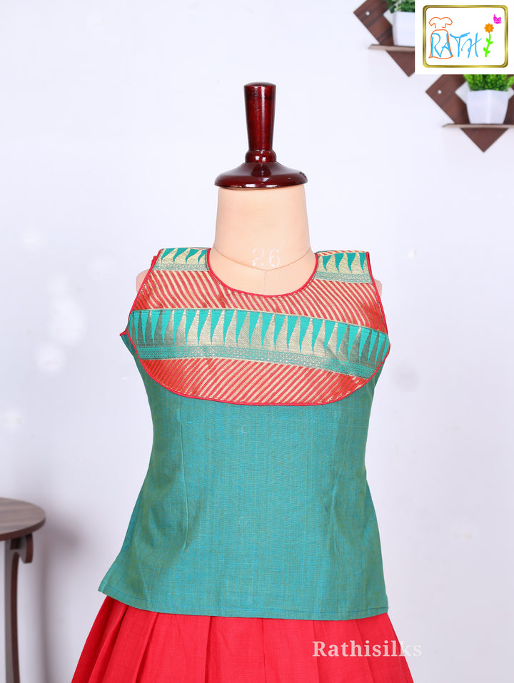 Red & Green Traditional Cotton Pavadai Set