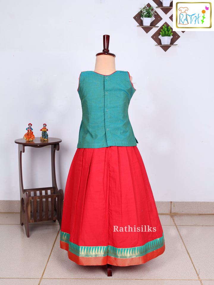 Red & Green Traditional Cotton Pavadai Set