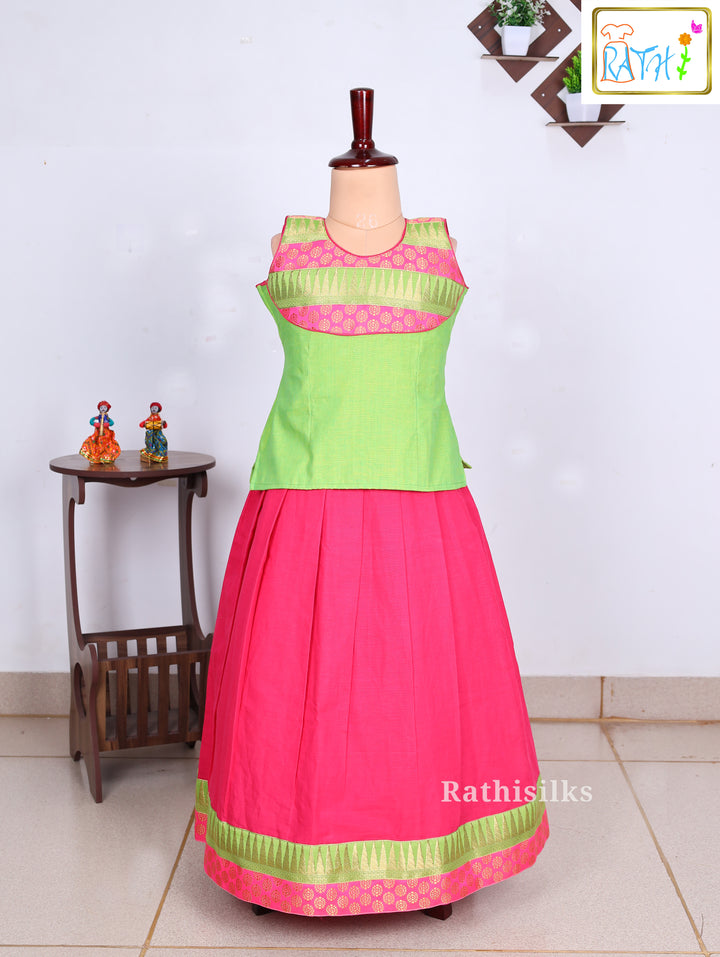 Pink & Green Traditional Cotton Pavadai Set