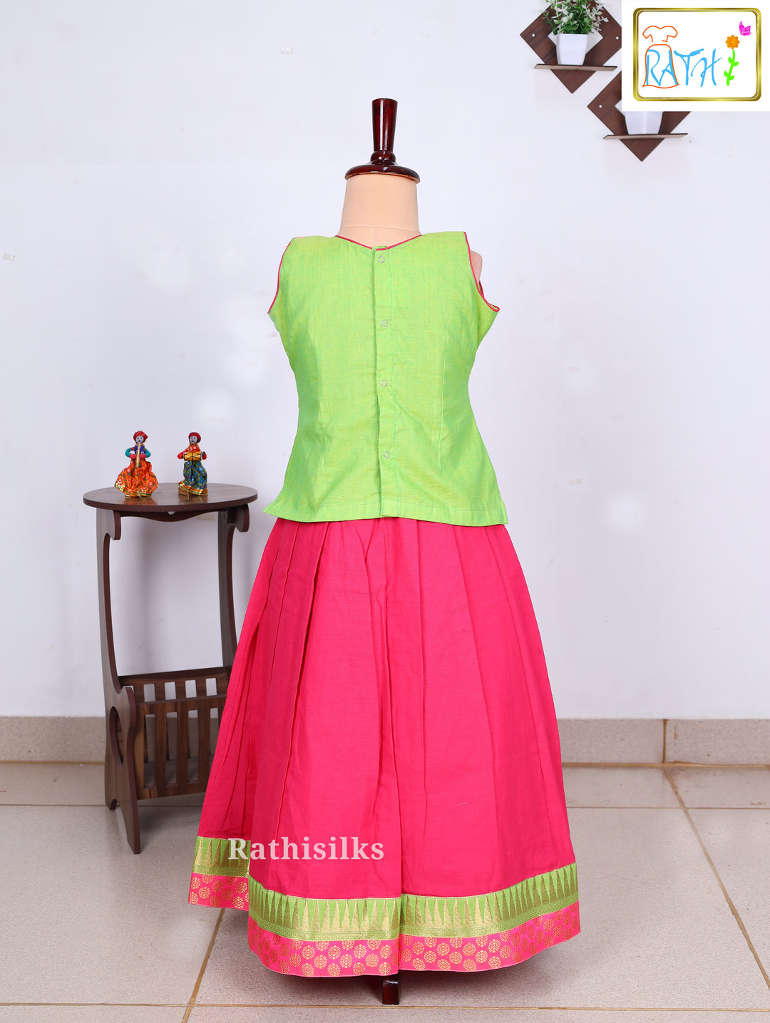 Pink & Green Traditional Cotton Pavadai Set