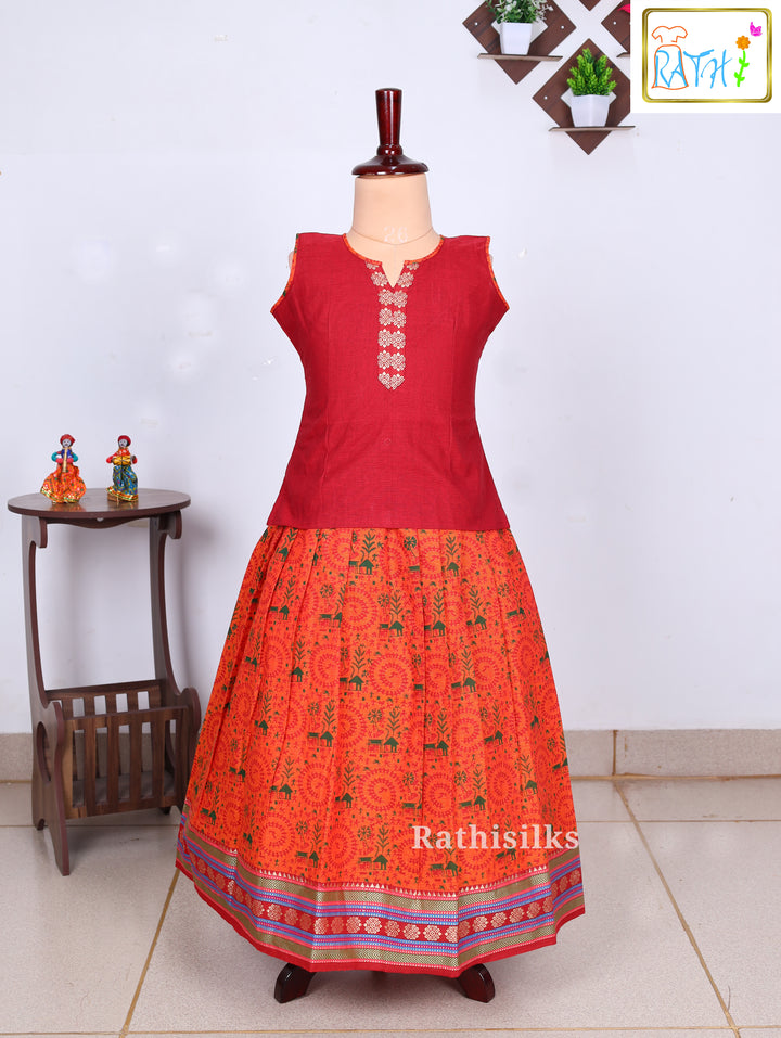 Red & Orange Mangalagiri Cotton Pavadai Set