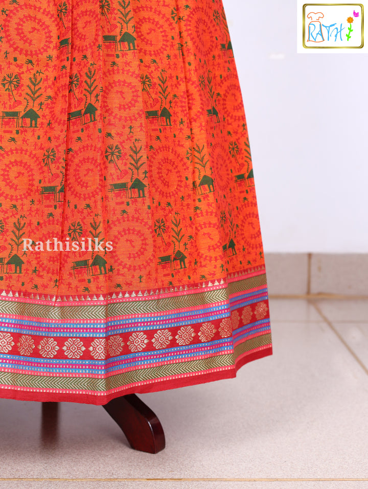 Red & Orange Mangalagiri Cotton Pavadai Set