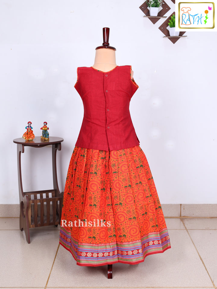 Red & Orange Mangalagiri Cotton Pavadai Set