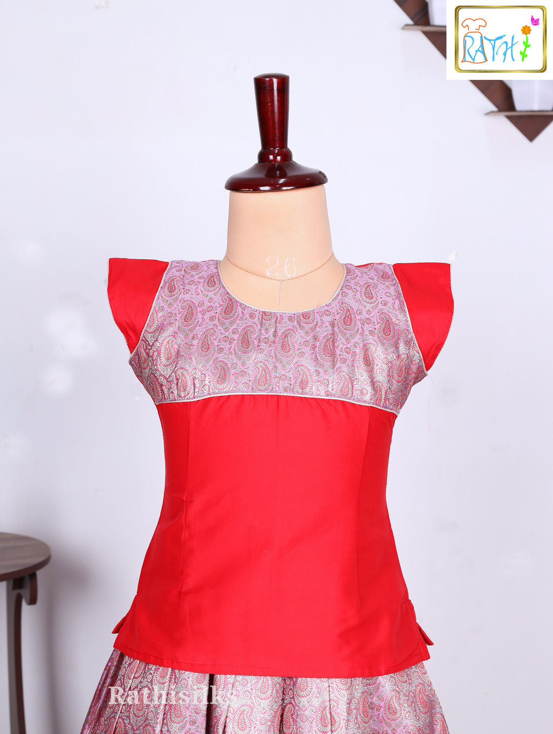 Red & Silver Karishma Top Art Silk Pavadai Set