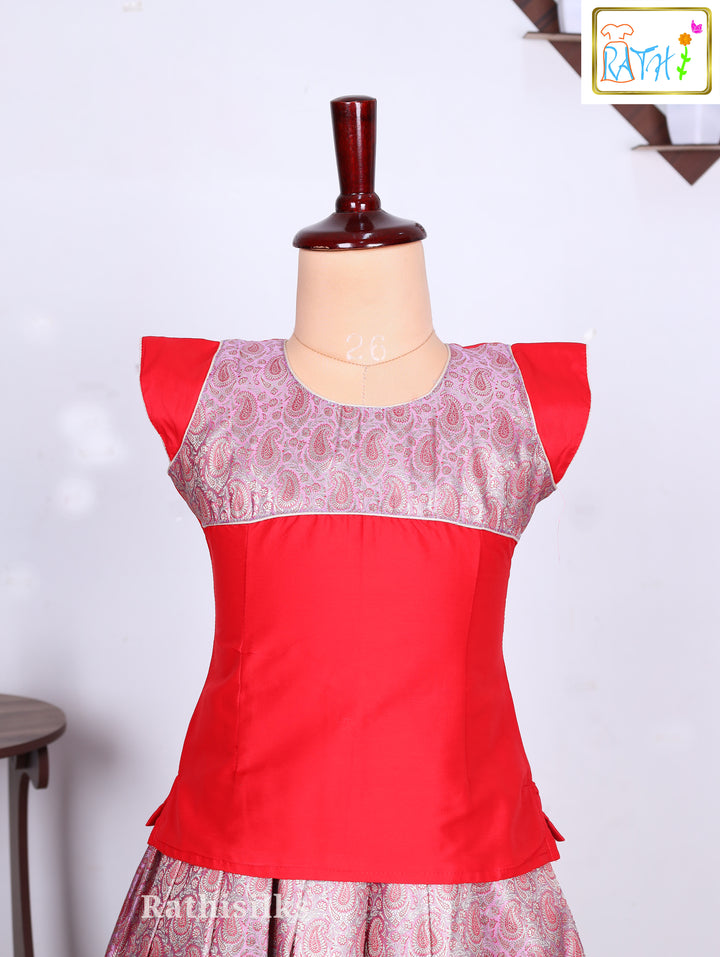 Red & Silver Karishma Top Art Silk Pavadai Set