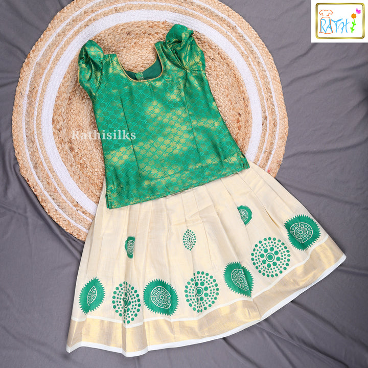 Green & Cream Kerala Traditional Pavadai Set