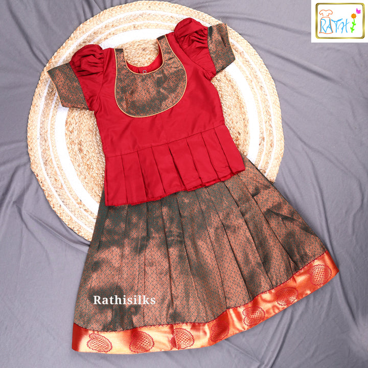 Red Karishma Top with Black Art Silk Pavadai Set