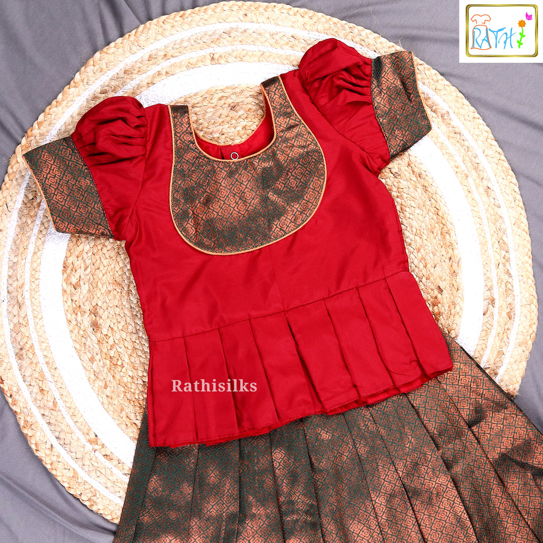 Red Karishma Top with Black Art Silk Pavadai Set