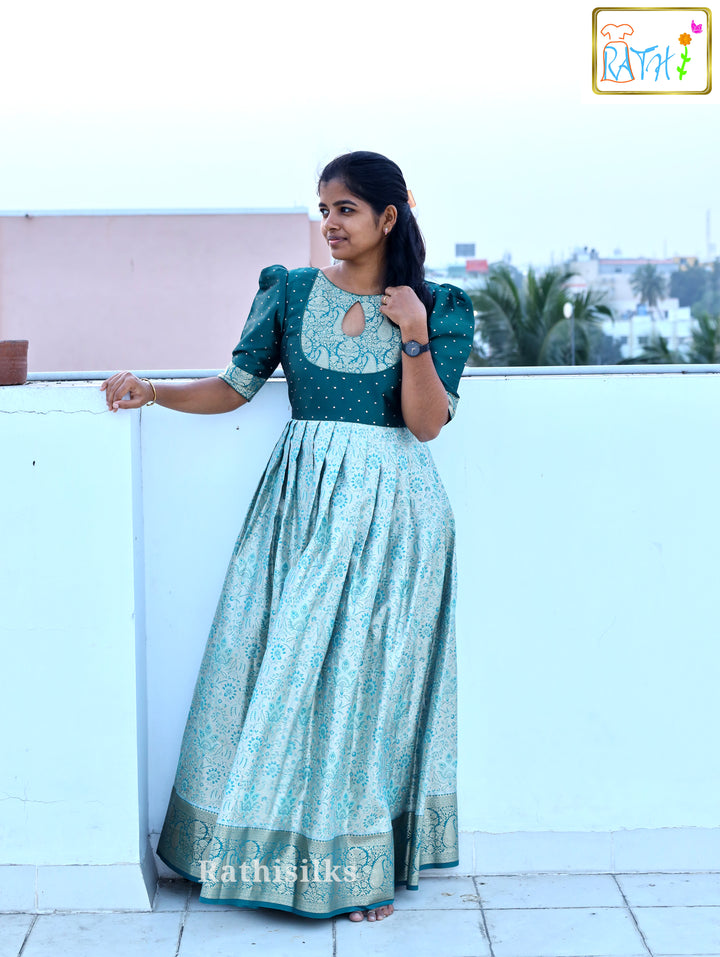 Elegant Teal Green Art Silk Long Gown