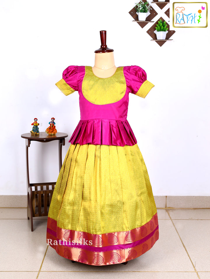 Festive Pink Karishma Top & Yellow Art Silk Pavadai Set