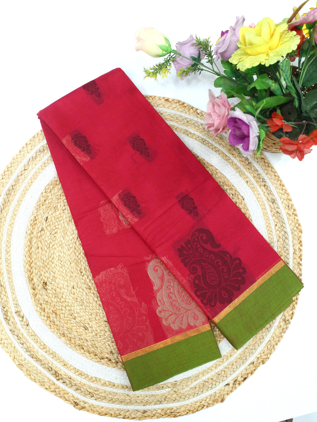 Pink Cotton Saree With Green Border