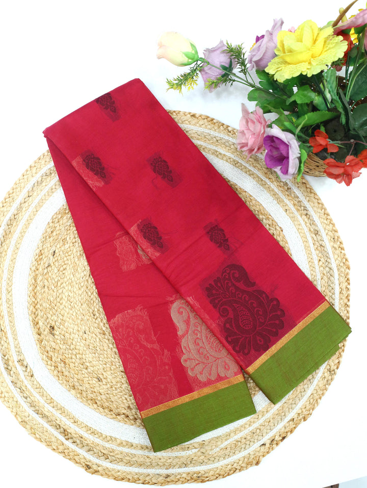 Pink Cotton Saree With Green Border