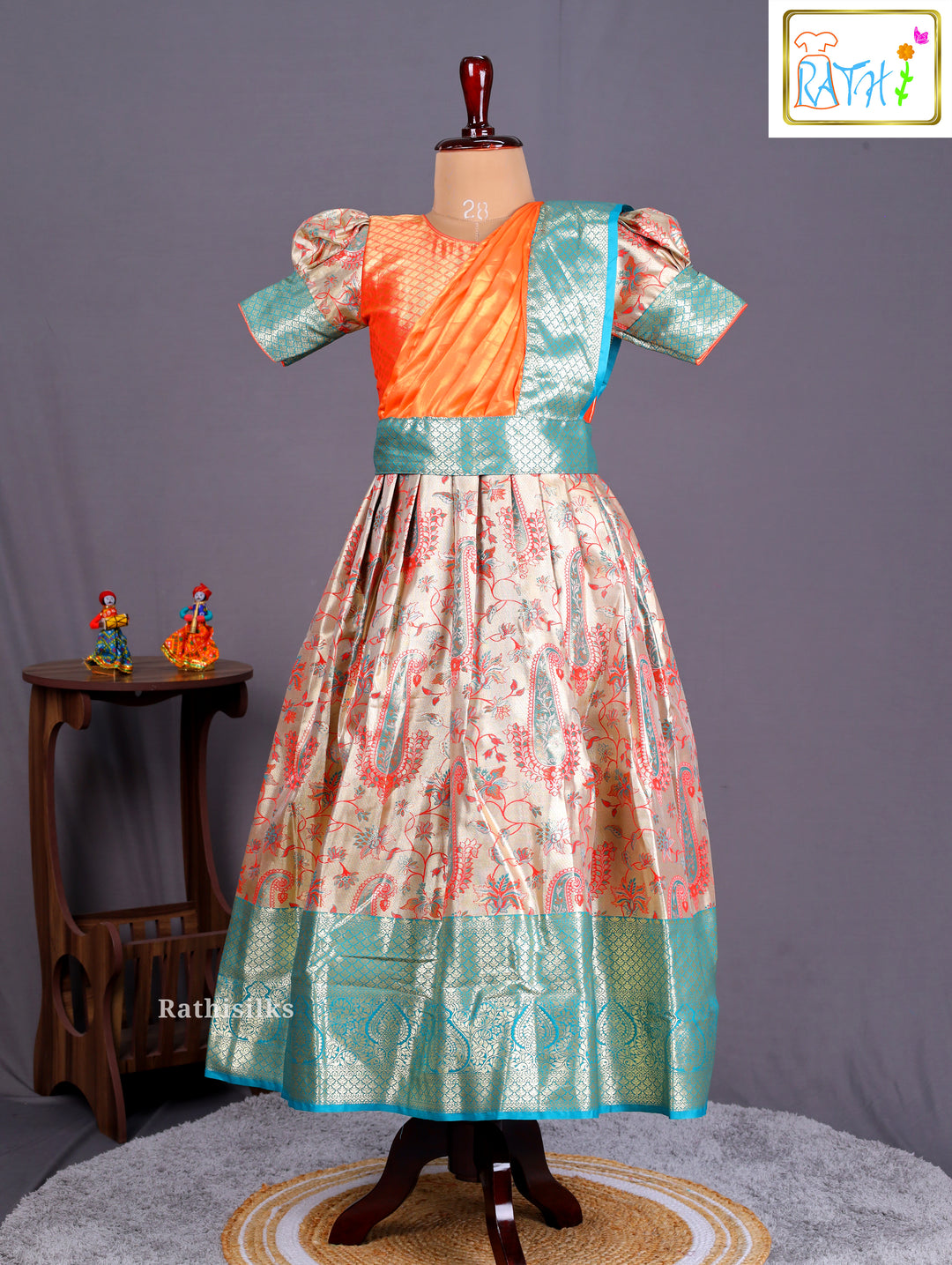 Girls' Saree Dress with Orange Davani – Rathi Silks