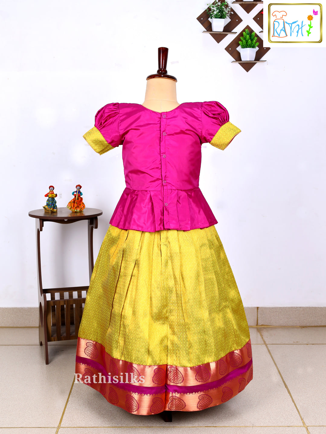 Festive Pink Karishma Top & Yellow Art Silk Pavadai Set
