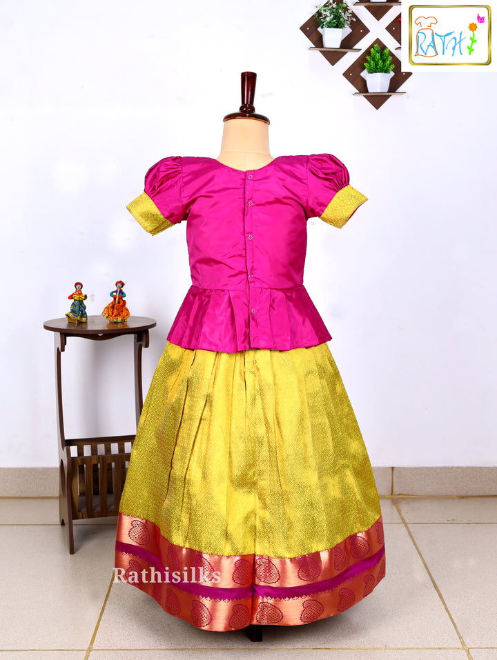Festive Pink Karishma Top & Yellow Art Silk Pavadai Set