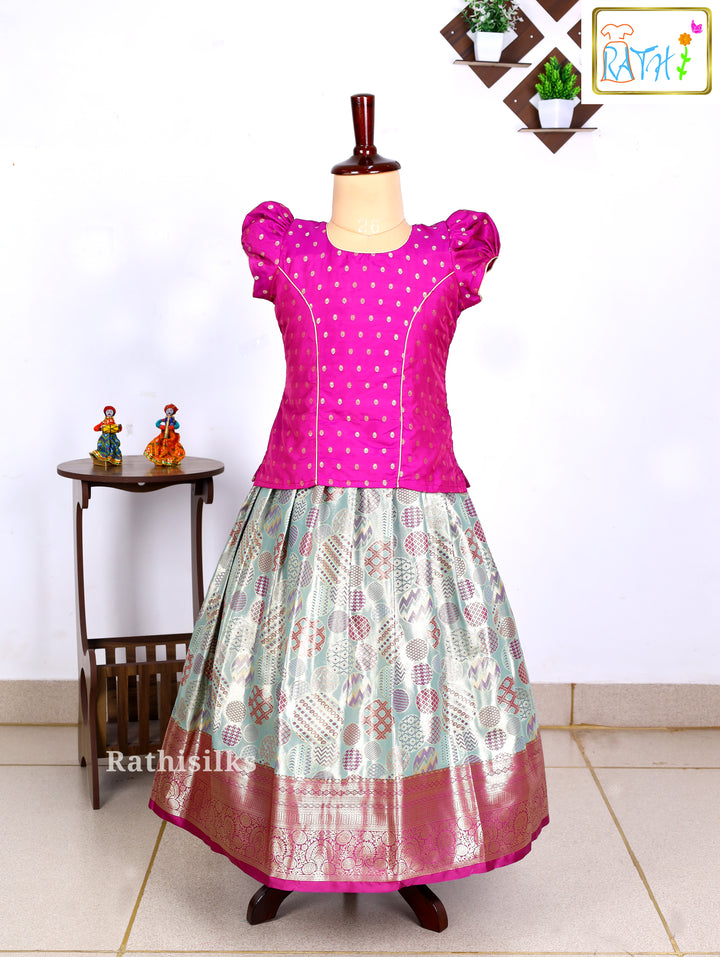 Festive Pink Karishma Top & Mint Green Art Silk Pavadai Set