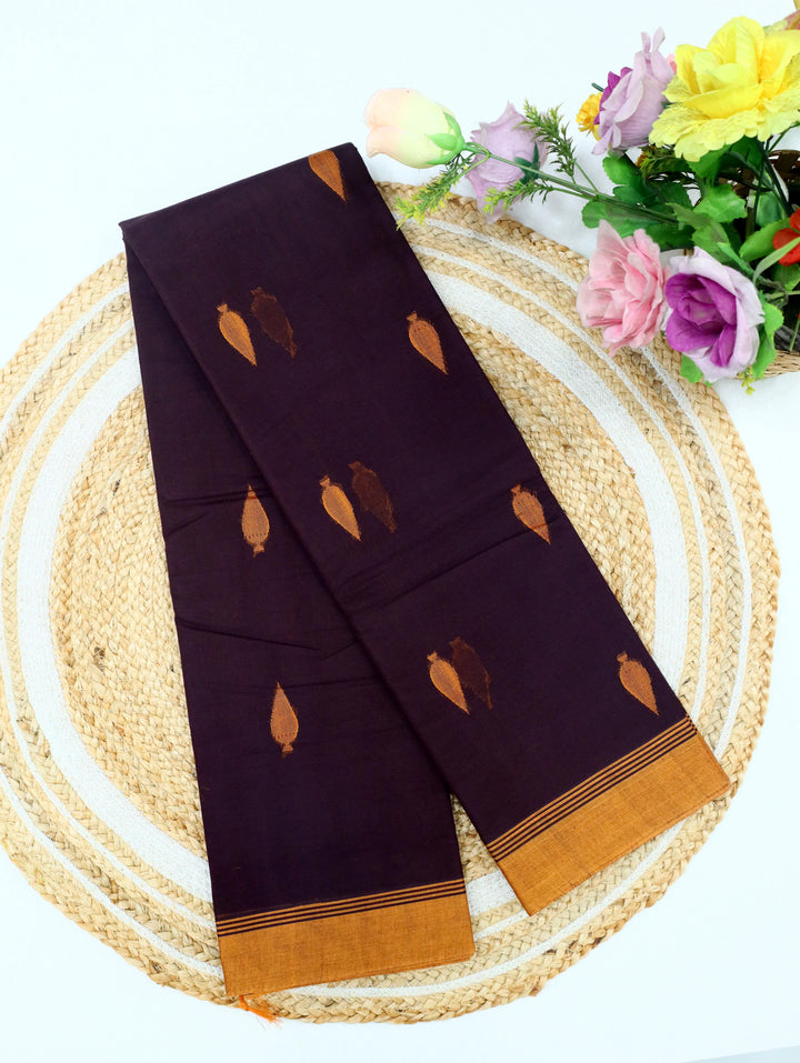 Deep Brown Cotton Saree With Mustard Border
