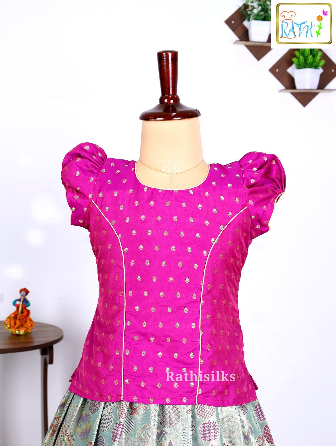Festive Pink Karishma Top & Mint Green Art Silk Pavadai Set