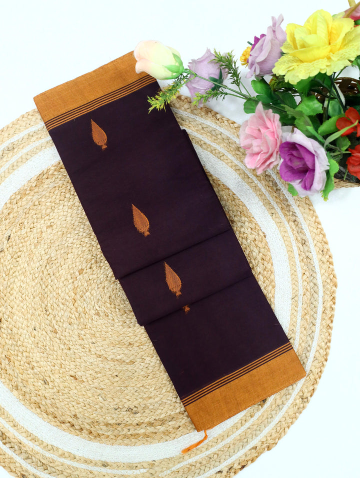 Deep Brown Cotton Saree With Mustard Border