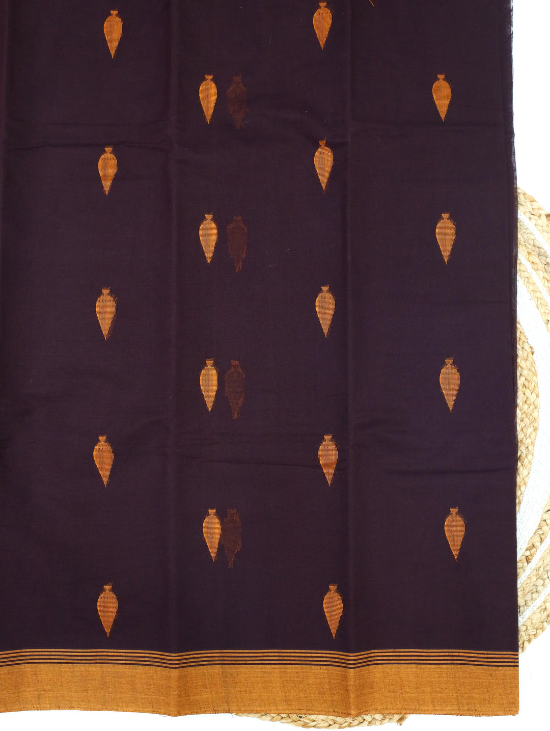 Deep Brown Cotton Saree With Mustard Border