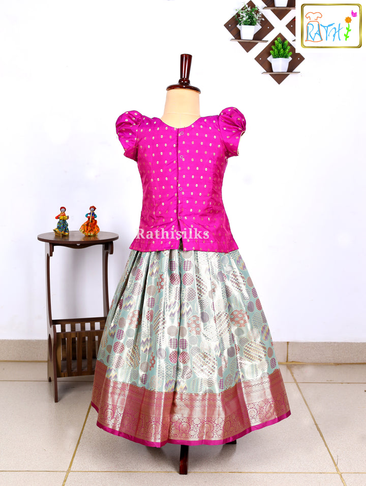 Festive Pink Karishma Top & Mint Green Art Silk Pavadai Set