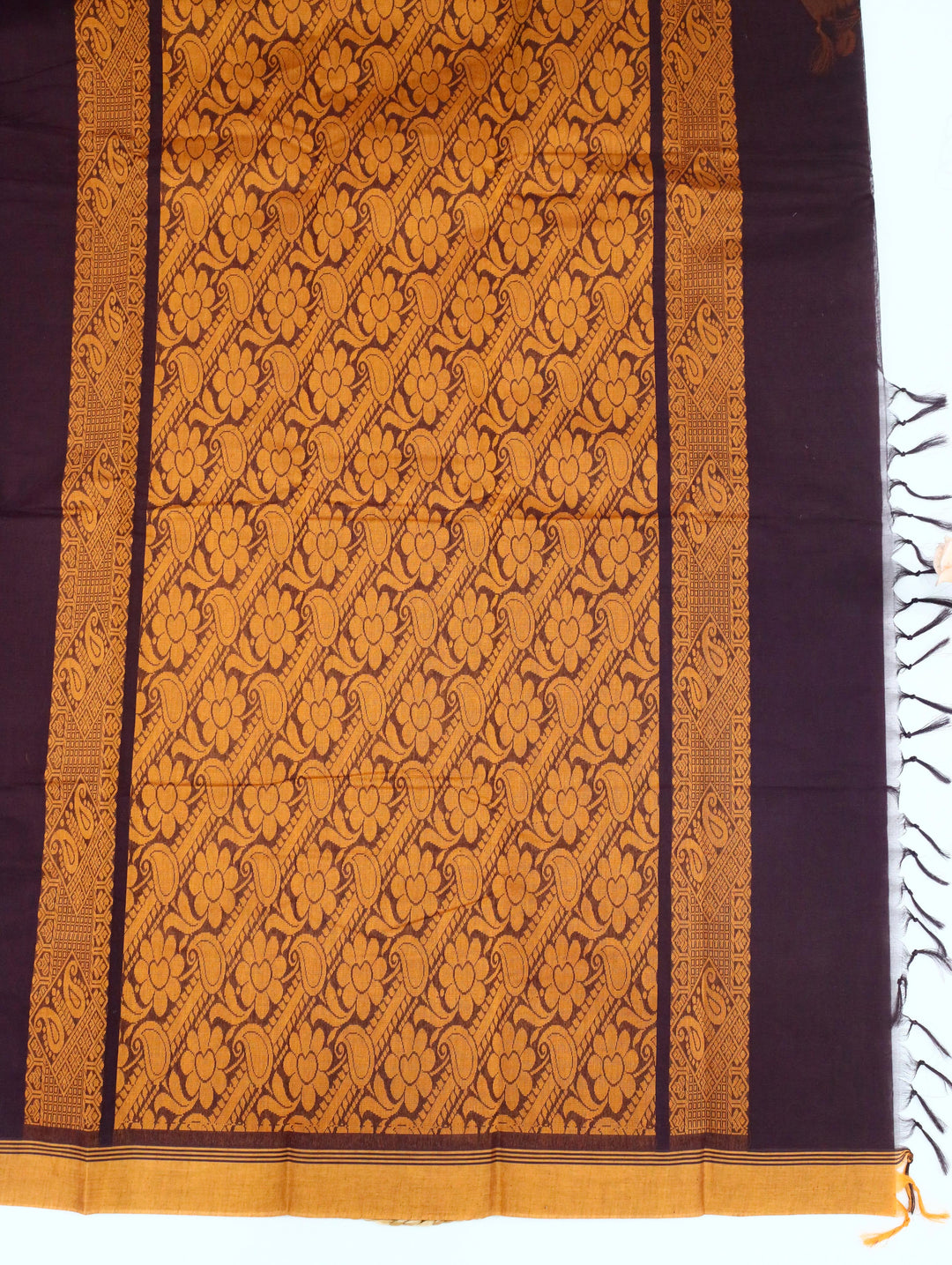 Deep Brown Cotton Saree With Mustard Border