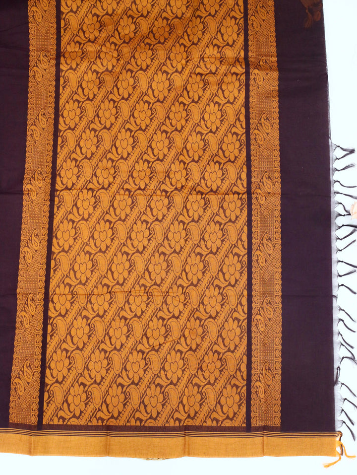 Deep Brown Cotton Saree With Mustard Border