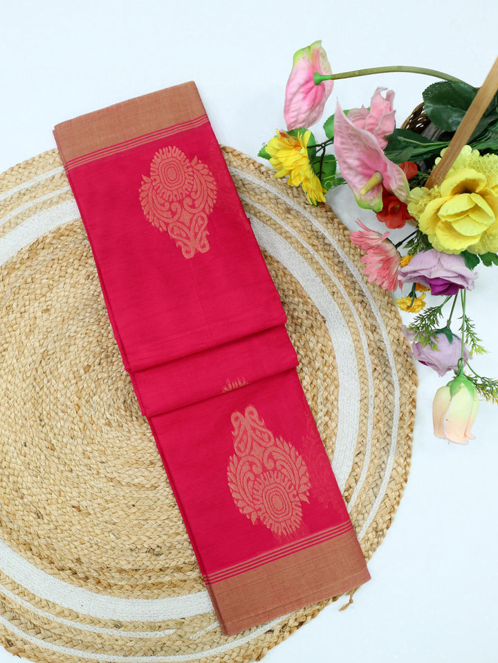 Rani Pink Cotton Saree With Traditional Motif