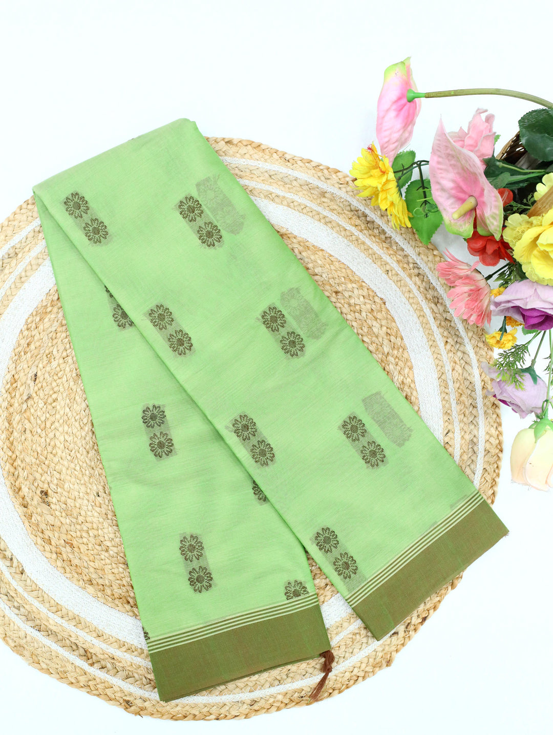 Lime Green Floral Motif Cotton Saree