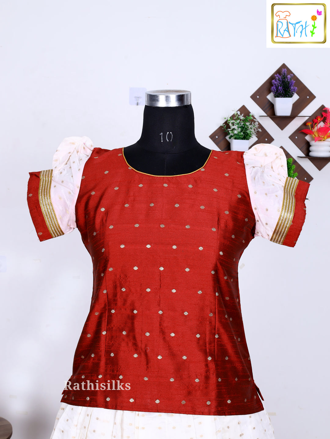 Maroon Top & Off-White Kerala Kasavu Pavadai Set