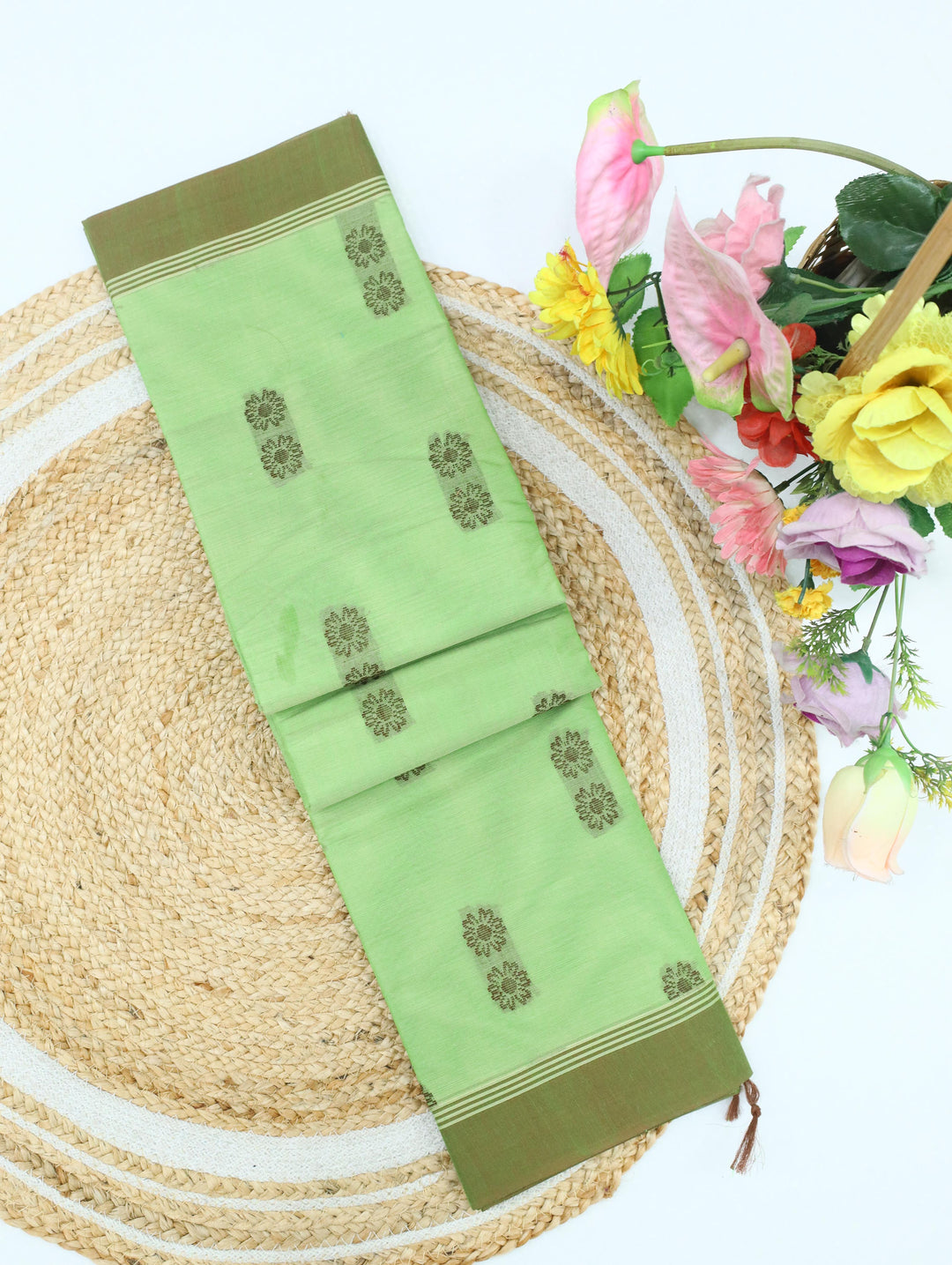 Lime Green Floral Motif Cotton Saree