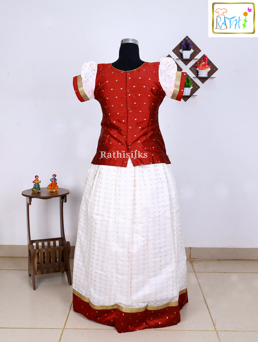Maroon Top & Off-White Kerala Kasavu Pavadai Set