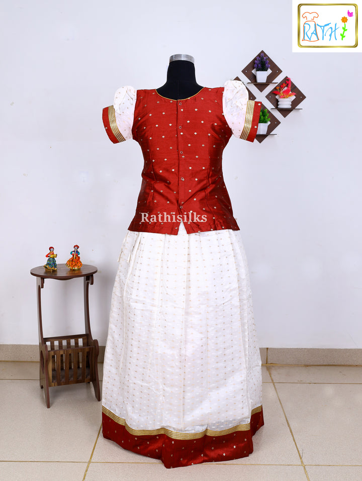 Maroon Top & Off-White Kerala Kasavu Pavadai Set