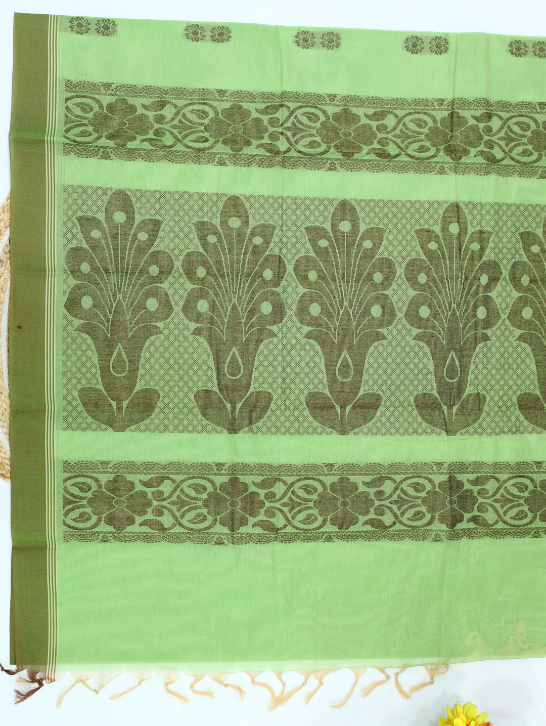 Lime Green Floral Motif Cotton Saree