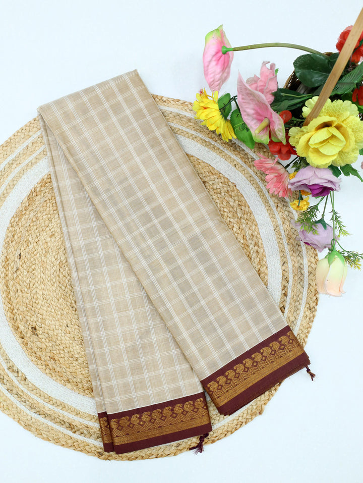 Beige Checked Cotton Saree