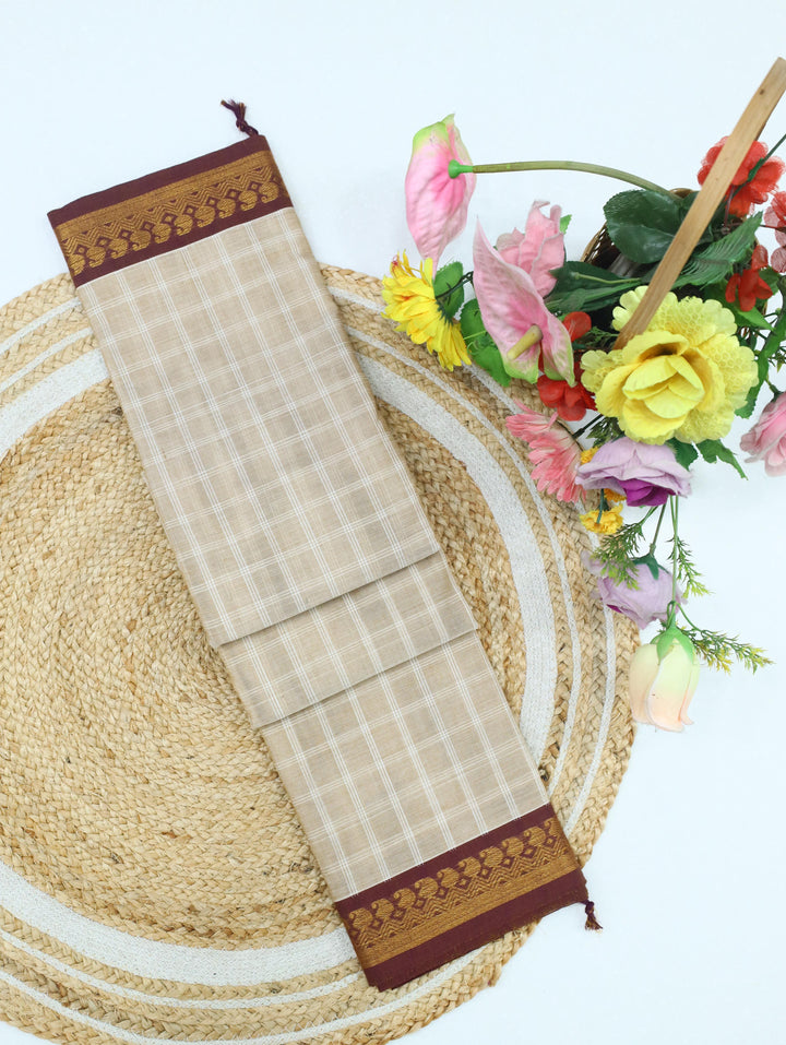 Beige Checked Cotton Saree