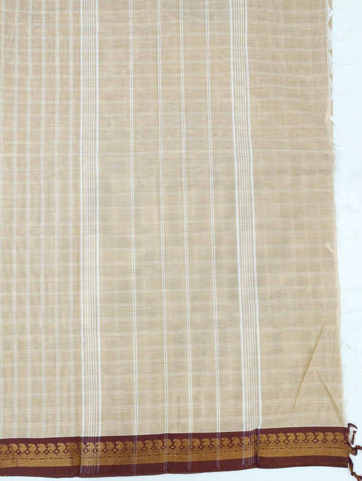 Beige Checked Cotton Saree