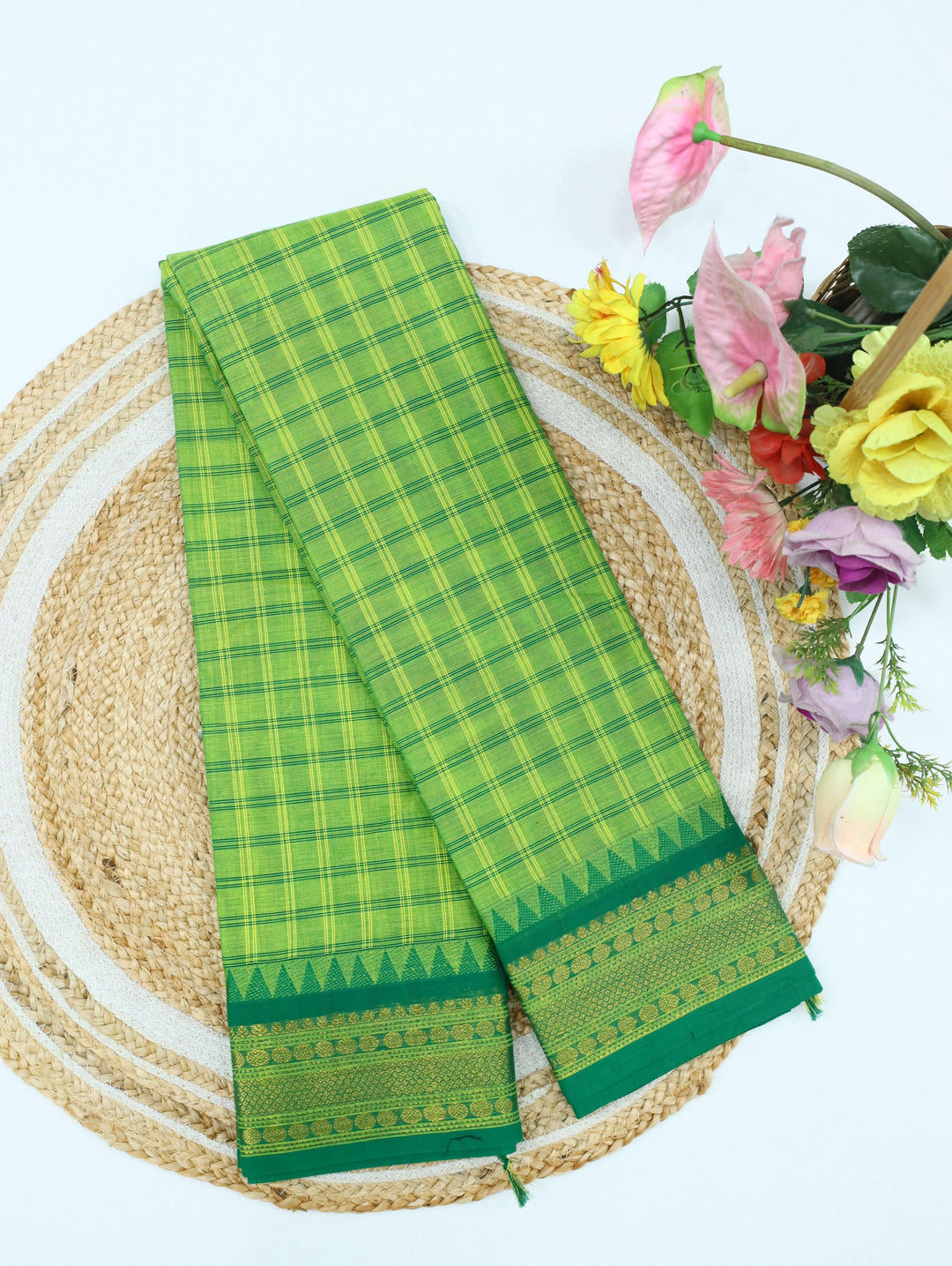 Leaf Green Checked Cotton Saree