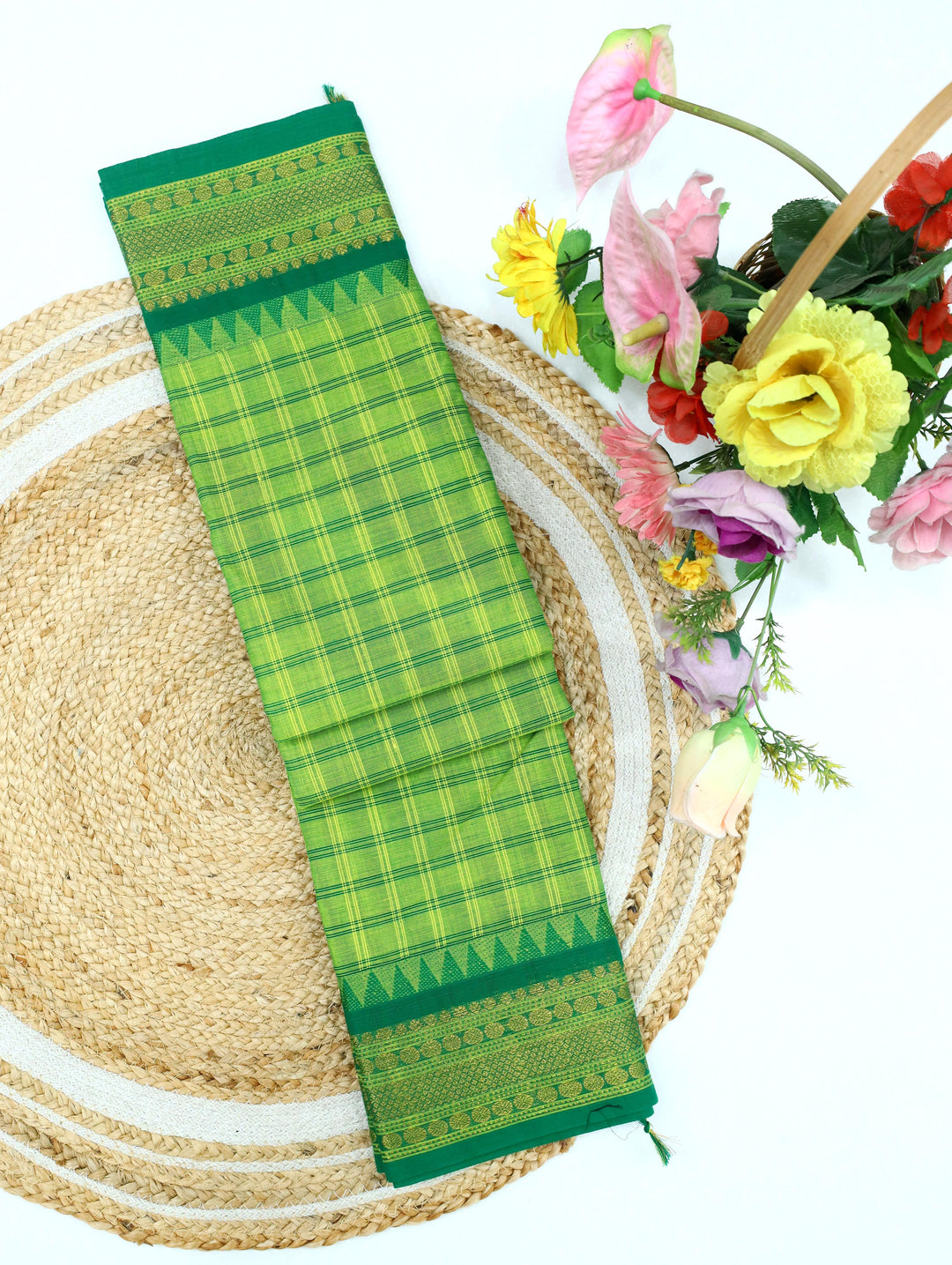 Leaf Green Checked Cotton Saree
